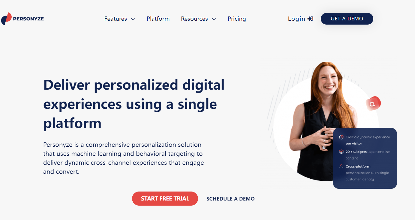 personyze webpage promoting digital personalization platform features