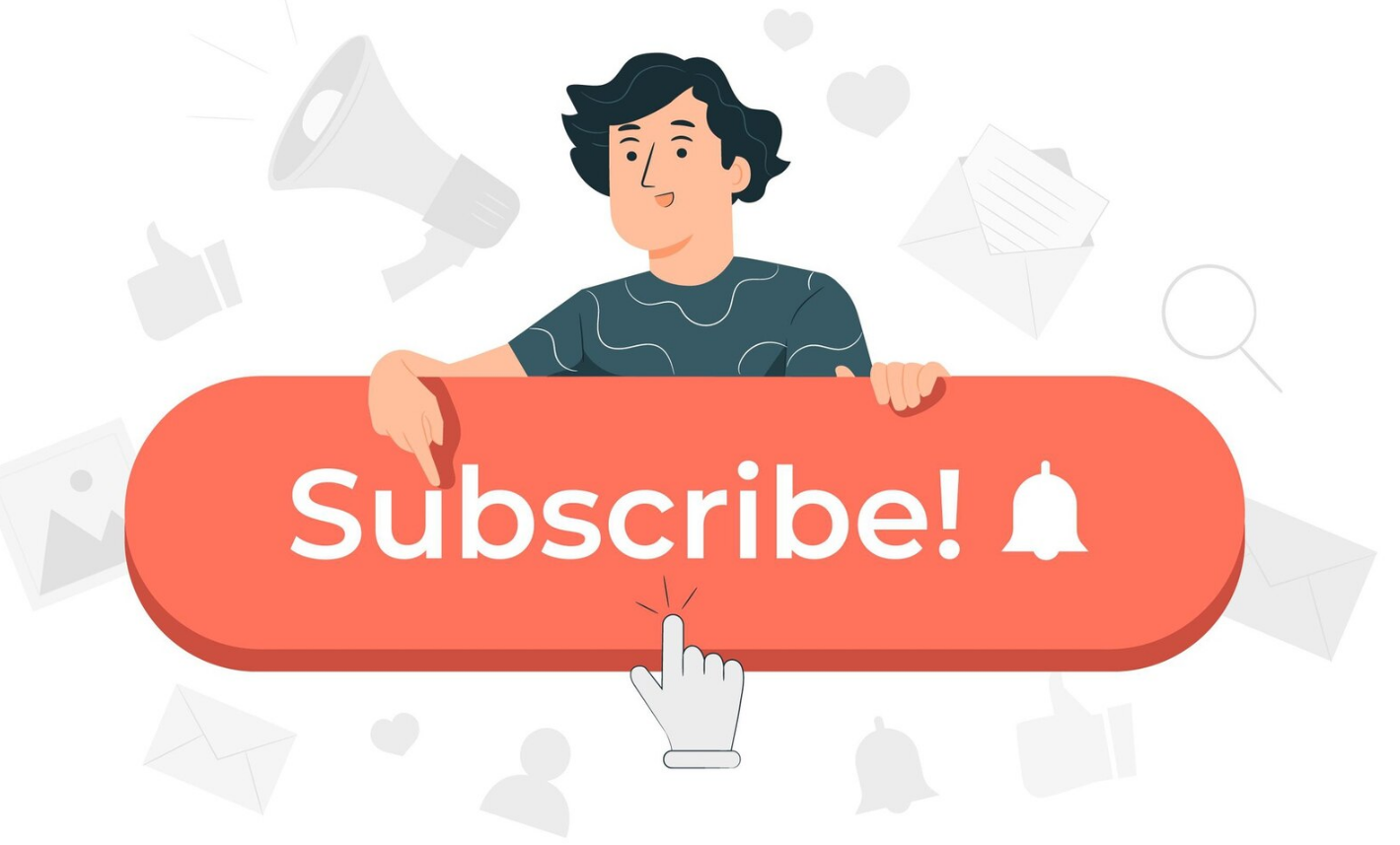 A man holding a "subscribe" button with a bell and a pointing icon